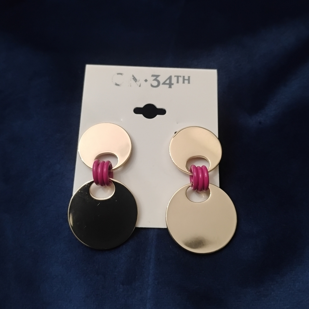 Art Deco Style Drop Earrings with Gold-Tone Disc & Fuchsia Rings by ON 34th NWT